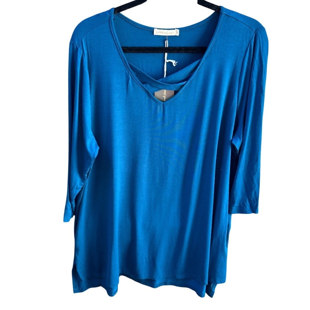 Pebble and Stone Womens 2X Teal Blue V-Neck Strappy Detail 3/4 Sleeve Top NWT